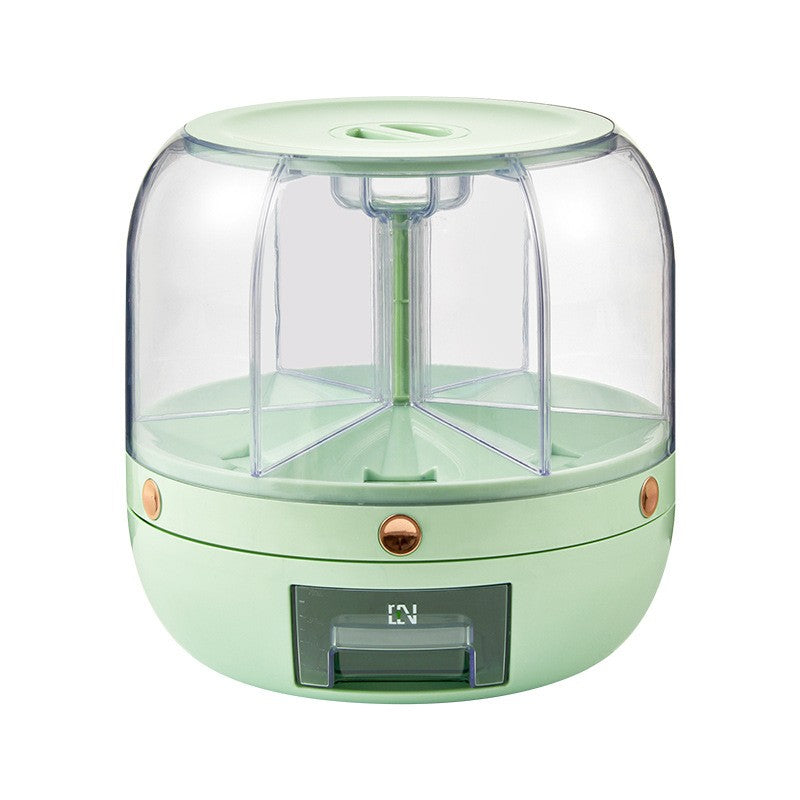 Dozator de cereale Klevo, rotativ 360, 6 compartimente, capacitate 6 L, rezistent la umezeala, inchidere etansa, verde deschis
