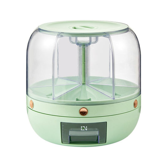 Dozator de cereale Klevo, rotativ 360, 6 compartimente, capacitate 6 L, rezistent la umezeala, inchidere etansa, verde deschis