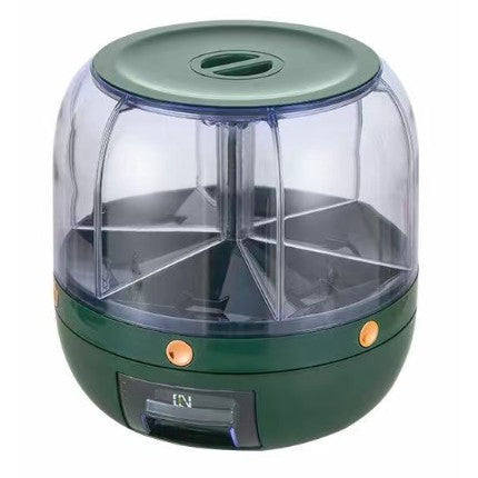 Dozator de cereale Klevo, rotativ 360, 6 compartimente, capacitate 6 L, rezistent la umezeala, inchidere etansa, verde