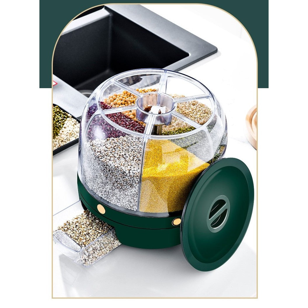 Dozator de cereale Klevo, rotativ 360, 6 compartimente, capacitate 6 L, rezistent la umezeala, inchidere etansa, verde