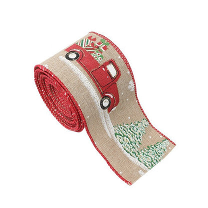 Panglica Decorativa pentru Craciun, Klevo, Ornament pentru Brad de Craciun, Pretreceri, Panglica cu Design Masina Rosie, 200 x 6.3 cm, Khaki