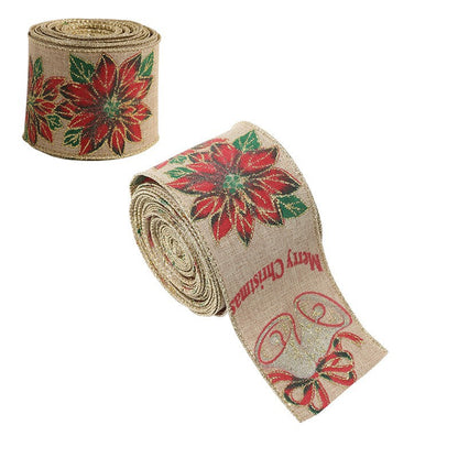 Panglica Decorativa pentru Craciun, Klevo, Ornament pentru Brad de Craciun, Pretreceri, Panglica cu Design Floare Rosie si Merry Christmas, 200 x 6.3 cm, Khaki