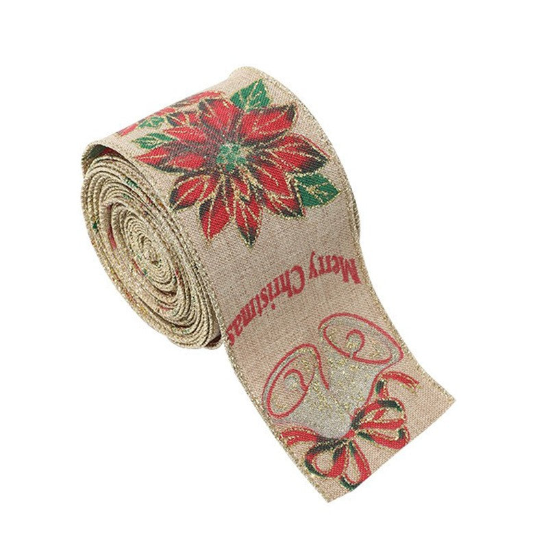 Panglica Decorativa pentru Craciun, Klevo, Ornament pentru Brad de Craciun, Pretreceri, Panglica cu Design Floare Rosie si Merry Christmas, 200 x 6.3 cm, Khaki
