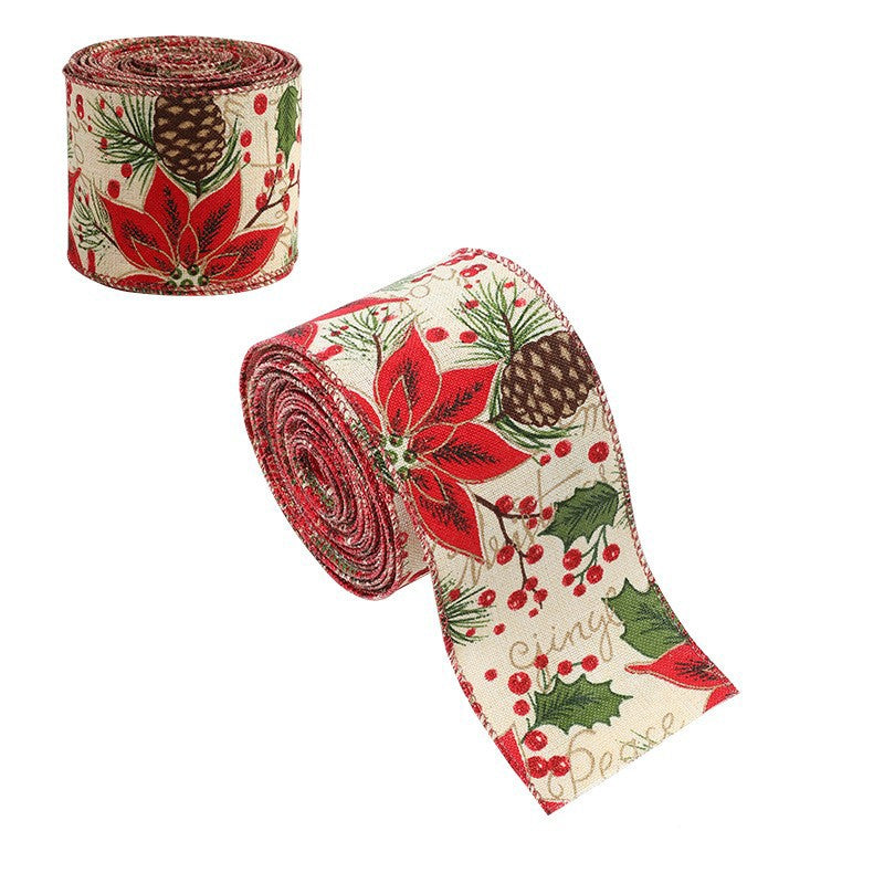 Panglica Decorativa pentru Craciun, Klevo, Ornament pentru Brad de Craciun, Pretreceri, Panglica cu Design Conuri si Floare Rosie, 200 x 6.3 cm, Khaki