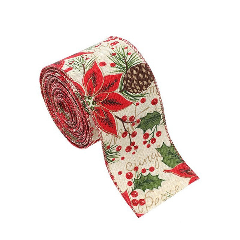 Panglica Decorativa pentru Craciun, Klevo, Ornament pentru Brad de Craciun, Pretreceri, Panglica cu Design Conuri si Floare Rosie, 200 x 6.3 cm, Khaki