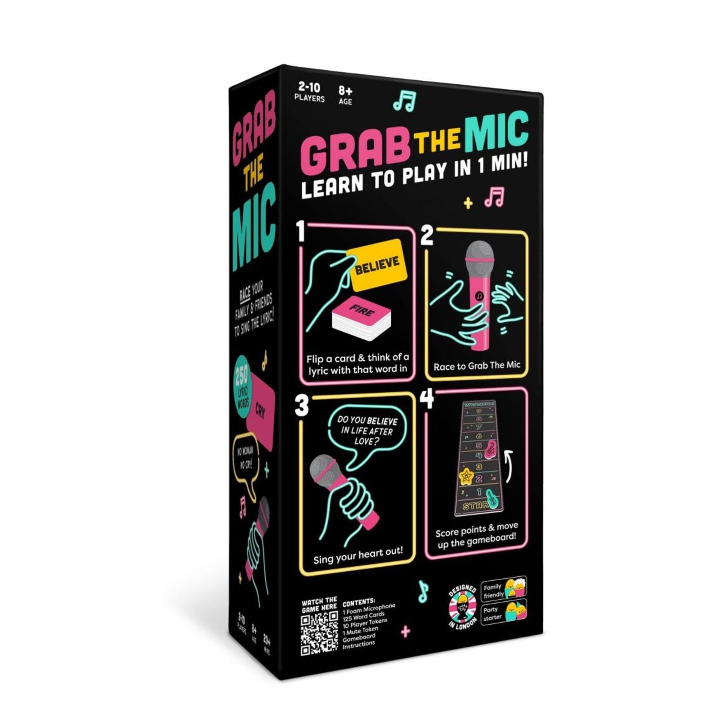 Joc de Societate Grab The Mic, Klevo, Tip Karaoke, 125 de Carti cu Cuvinte, Microfon din Spuma, Tabla de Joc, Jetoane, 11.5 x 22 x 7 cm, Negru/Roz
