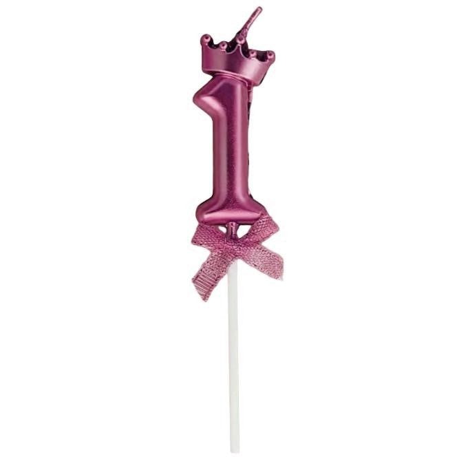 Lumanare Cifra 1, Klevo, Model Coroana cu Fundita, Pentru Tort, 6 x 2.5 cm Mov