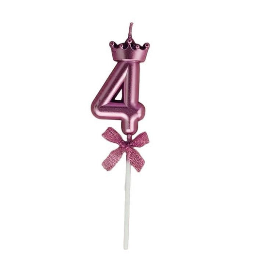 Lumanare Cifra 4, Klevo, Model Coroana cu Fundita, Pentru Tort, 6 x 2.5 cm Mov