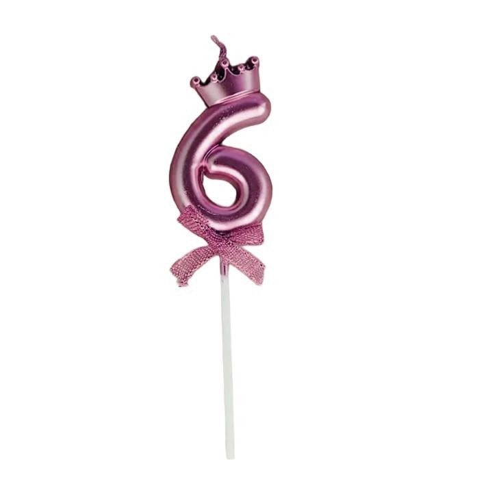 Lumanare Cifra 6, Klevo, Model Coroana cu Fundita, Pentru Tort, 6 x 2.5 cm Mov