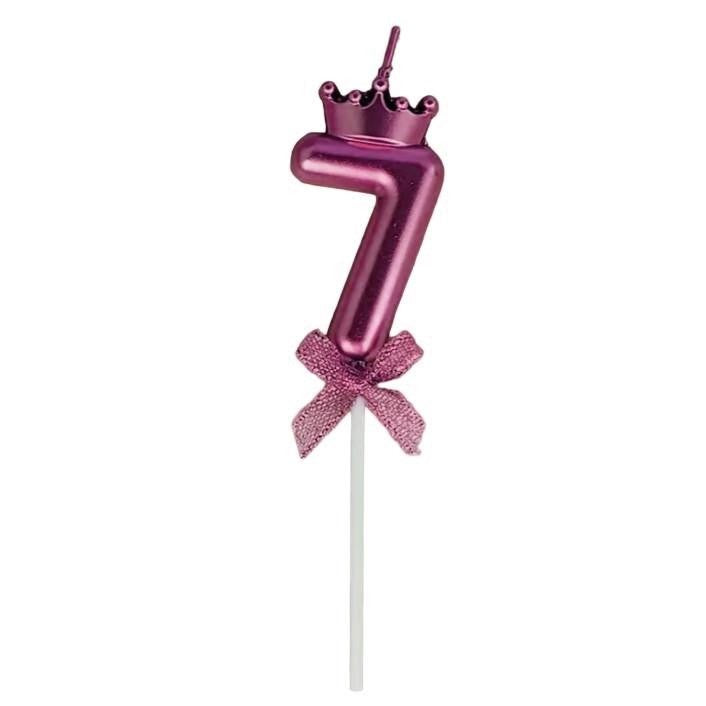 Lumanare Cifra 7, Klevo, Model Coroana cu Fundita, Pentru Tort, 6 x 2.5 cm Mov
