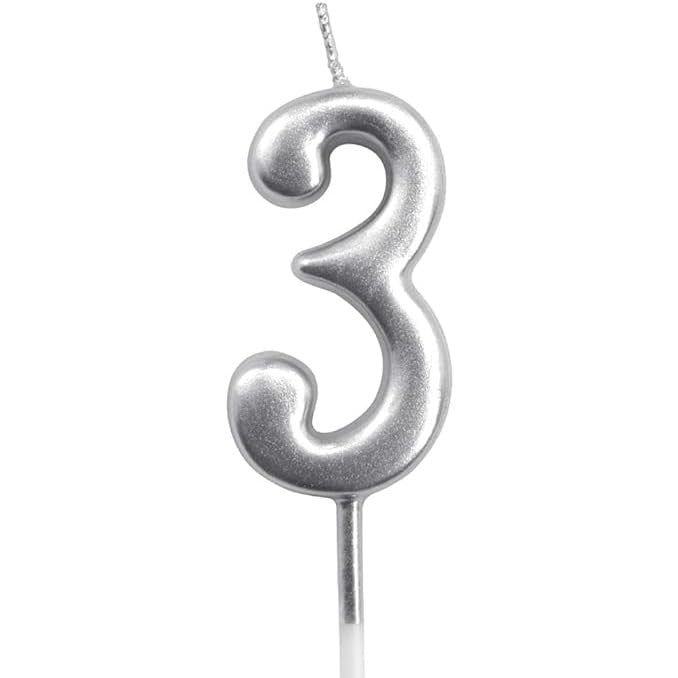 Lumanare de Tort, Klevo, Model Cifra 3, Party, 4.5 x 2.5 cm, din Parafina, Argintiu