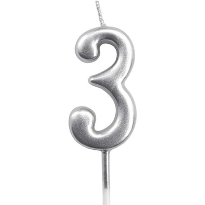 Lumanare de Tort, Klevo, Model Cifra 3, Party, 4.5 x 2.5 cm, din Parafina, Argintiu