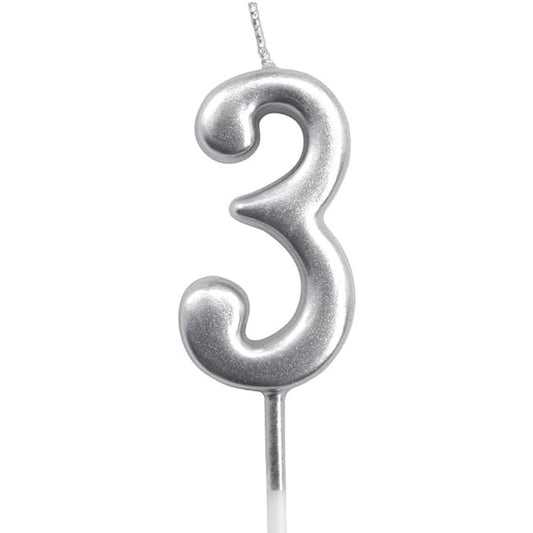 Lumanare de Tort, Klevo, Model Cifra 3, Party, 4.5 x 2.5 cm, din Parafina, Argintiu