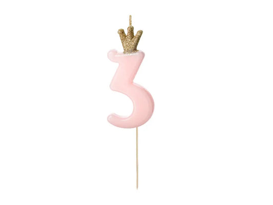 Lumânare de ziua de naștere cu numărul 3, roz deschis, 9,5 cm