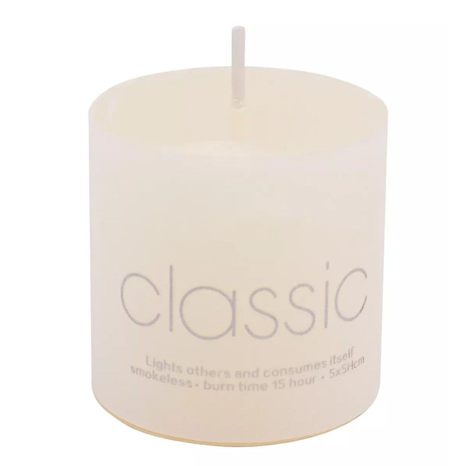 Lumanare Decorativa, Klevo, din Parafina, Cilindrica, Fara Fum si Fara Parfum, 5 x 5 cm, 90 g, Ardere 12h, Ivory Alb