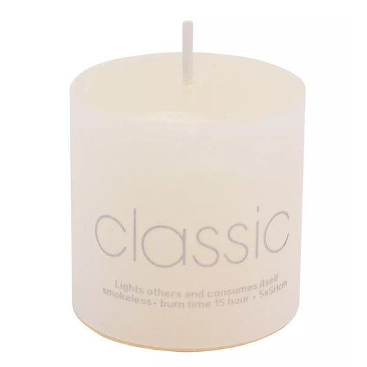 Lumanare Decorativa, Klevo, din Parafina, Cilindrica, Fara Fum si Fara Parfum, 5 x 5 cm, 90 g, Ardere 12h, Ivory Alb