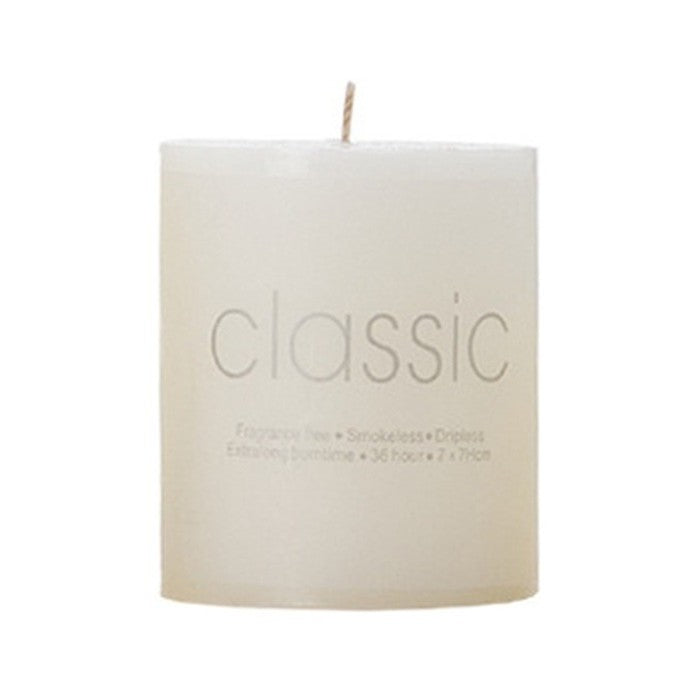 Lumanare Decorativa, Klevo, din Parafina, Cilindrica, Fara Fum si Fara Parfum, 7 x 7 cm, 260 g, Ardere 36h, Ivory Alb