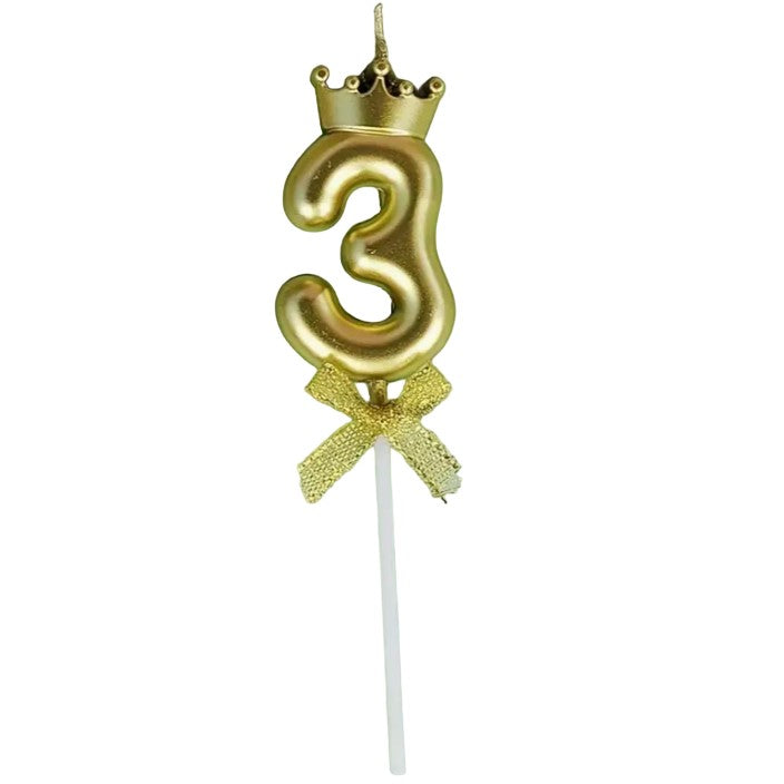 Lumanare pentru Tort Cifra 3, Model Coroana, Gold, Klevo, Party