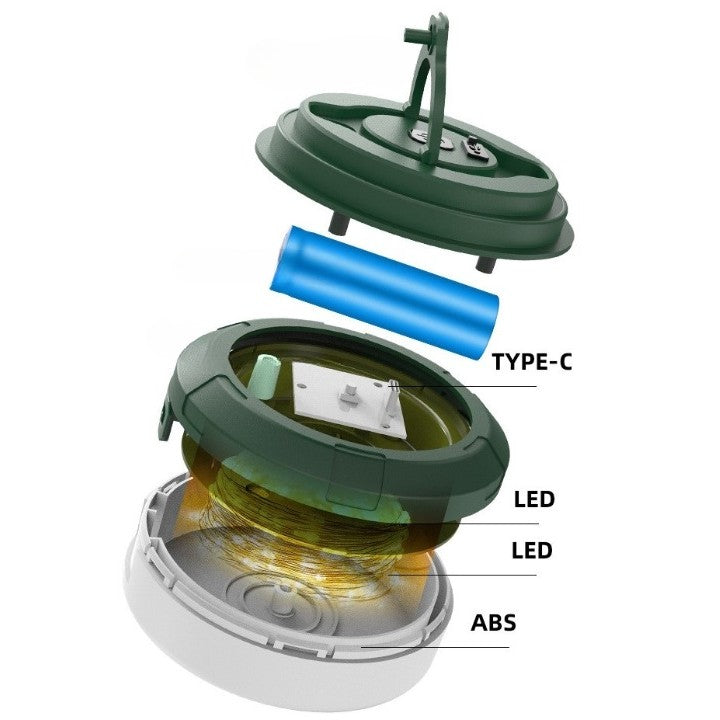 Lumină de camping LED încărcare USB, Klevo, șir colorat, pentru aer liber, cort, Distanta 10 metri, 1800mAH, 10.5x4.3 cm, Alb Verde