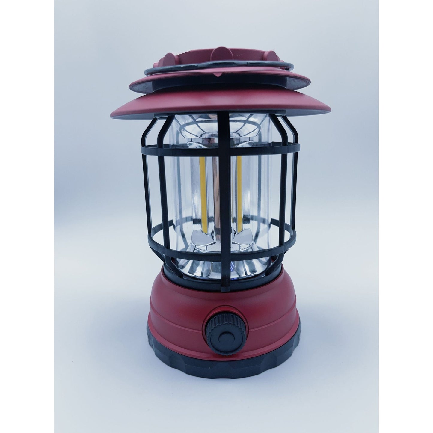 Lampa portabila camping, Felinar Vintage, ABS, Iluminare 30 COB LED, Intensitate reglabila, Acumulator inclus, Incarcare Solara si USB, 5W, Klevo, Rosu