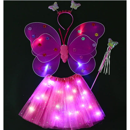 Costum Fluturas cu Aripi Modelabile Luminoase pentru Copii, Klevo, Fusta din Tul cu Lumini, Bagheta si Bentita, 4 piese, Pentru Halloween, Roleplay, Craciun, Carnaval, Paste, Ziua Copilului, Bumbac/Poliester, Marime universala, Roz-Rosu