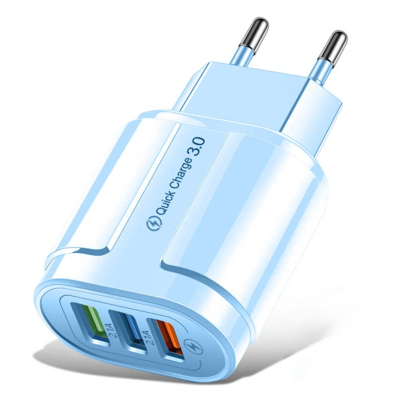 Incarcator Rapid QC3.0, Klevo, 3 Porturi USB, 2.1A, 18W, din ABS, Protectie Supraincalzire, Gama Macarons, Albastru