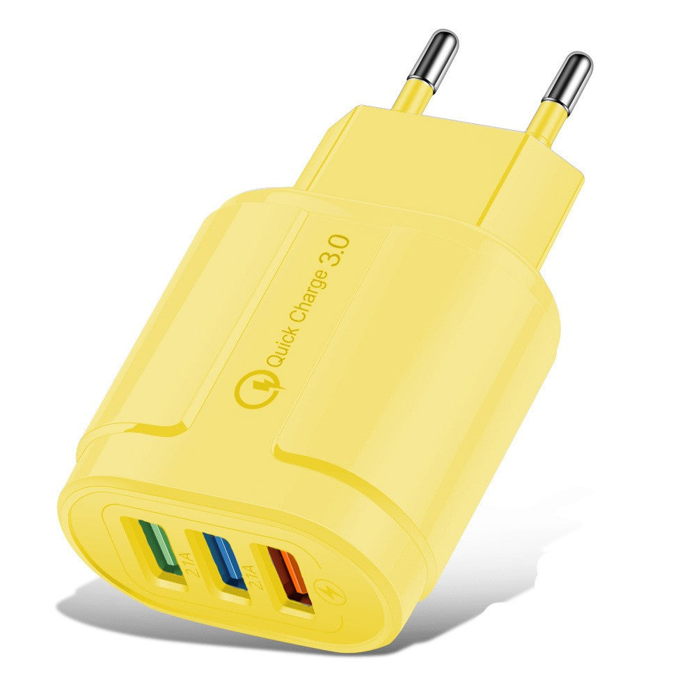 Incarcator Rapid QC3.0, Klevo, 3 Porturi USB, 2.1A, 18W, din ABS, Protectie Supraincalzire, Gama Macarons, Galben