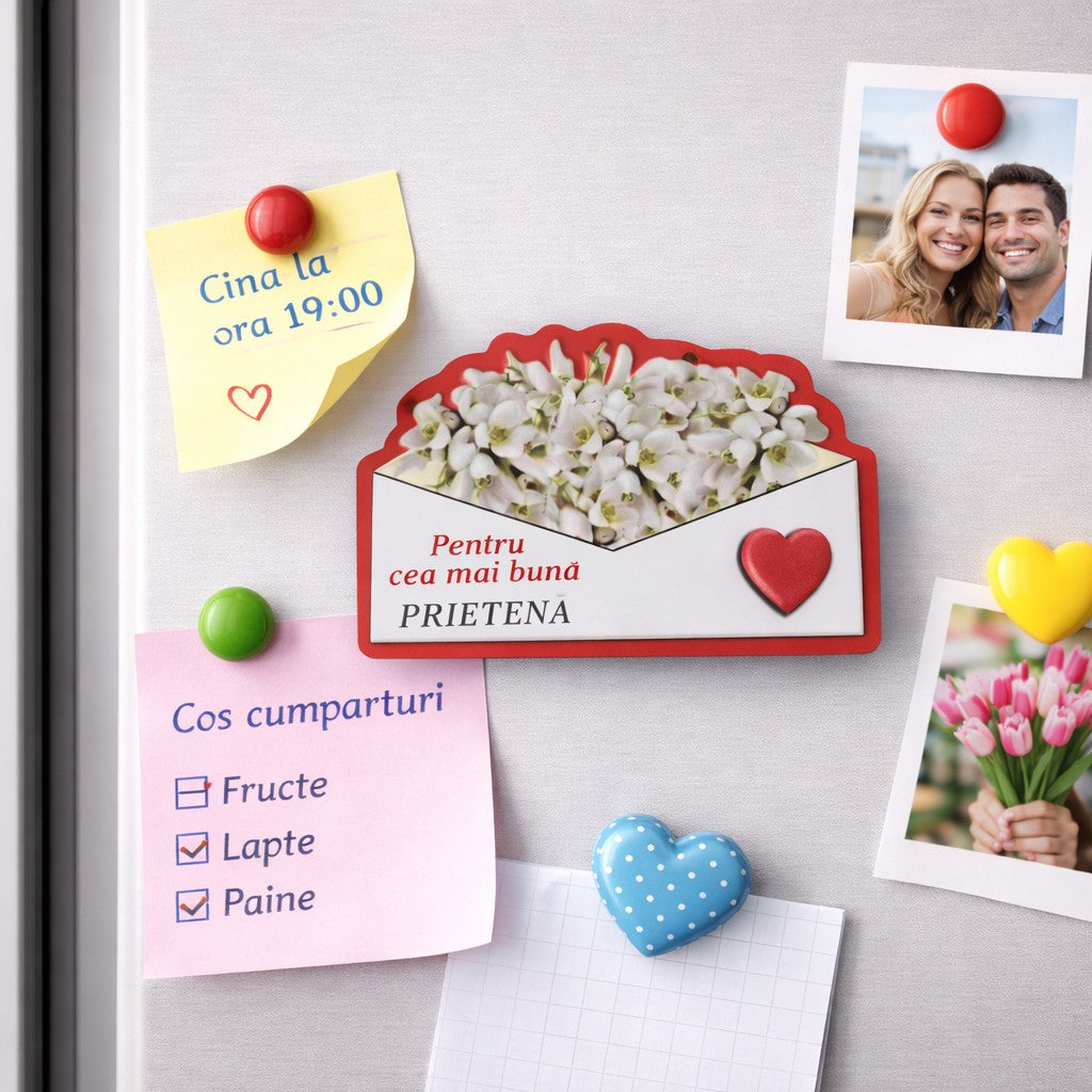 Magneti Decorativi Martisor, Set 24 Piese, Jolie, Tema Mesaj Pentru Cea Mai Buna Prietena, Carton Laminat cu Magnet Flexibil, 8x6 cm, Multicolor