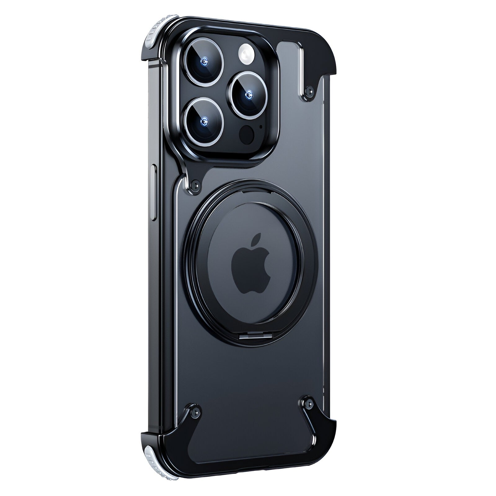 Husa de Protectie Compatibil cu iPhone 15 Pro Max, Klevo, Incarcare Wireless, Tehnologie Magsafe, Inel Magnetic Rotativ 360 cu Functie de Suport, Rama Metalica, Carcasa din PC, Negru Transparent