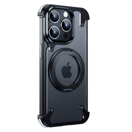 Husa de Protectie Compatibil cu iPhone 15 Pro Max, Klevo, Incarcare Wireless, Tehnologie Magsafe, Inel Magnetic Rotativ 360 cu Functie de Suport, Rama Metalica, Carcasa din PC, Negru Transparent