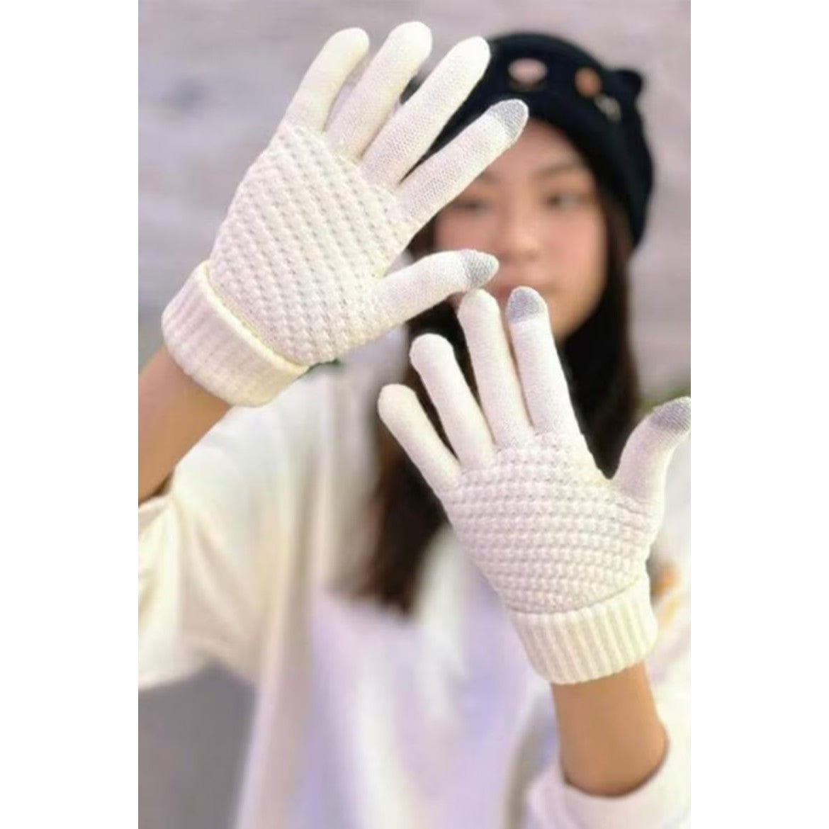 Manusi de Dama, Klevo, Functie Touchscreen (ecran tactil), Material Acril Tricotat, Manseta Elastica, Interior Catifelat, Marime Universala, Alb