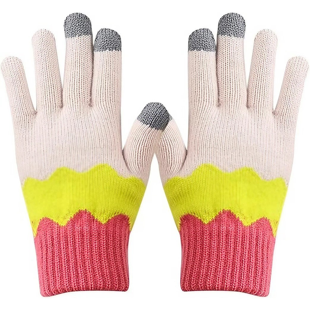 Manusi de Dama, Klevo, Model Ondulat, Functie Touchscreen (ecran tactil), Material Acril Tricotat, Manseta Elastica, Interior Catifelat, Marime Universala, Galben/Roz