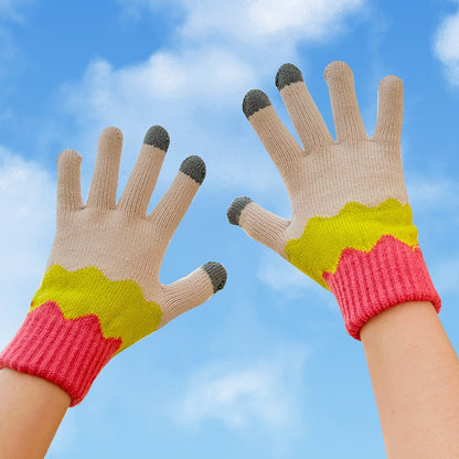Manusi de Dama, Klevo, Model Ondulat, Functie Touchscreen (ecran tactil), Material Acril Tricotat, Manseta Elastica, Interior Catifelat, Marime Universala, Galben/Roz