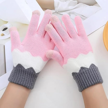 Manusi de Dama, Klevo, Model Ondulat, Functie Touchscreen (ecran tactil), Material Acril Tricotat, Manseta Elastica, Interior Catifelat, Marime Universala, Roz/Gri