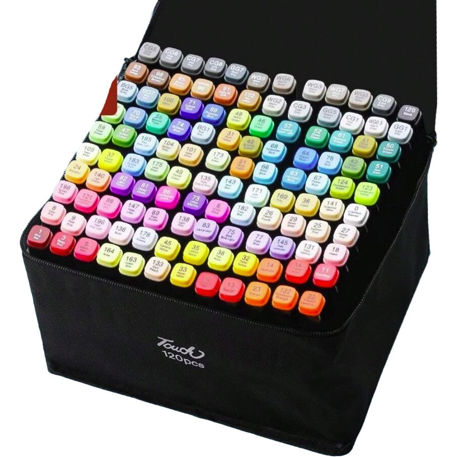 Markere cu Alcool Touch Room, Klevo, Paleta mare Set de 120+ de Culori, Capat Lat si Capat Precis, Geanta Inclusa, Multicolor