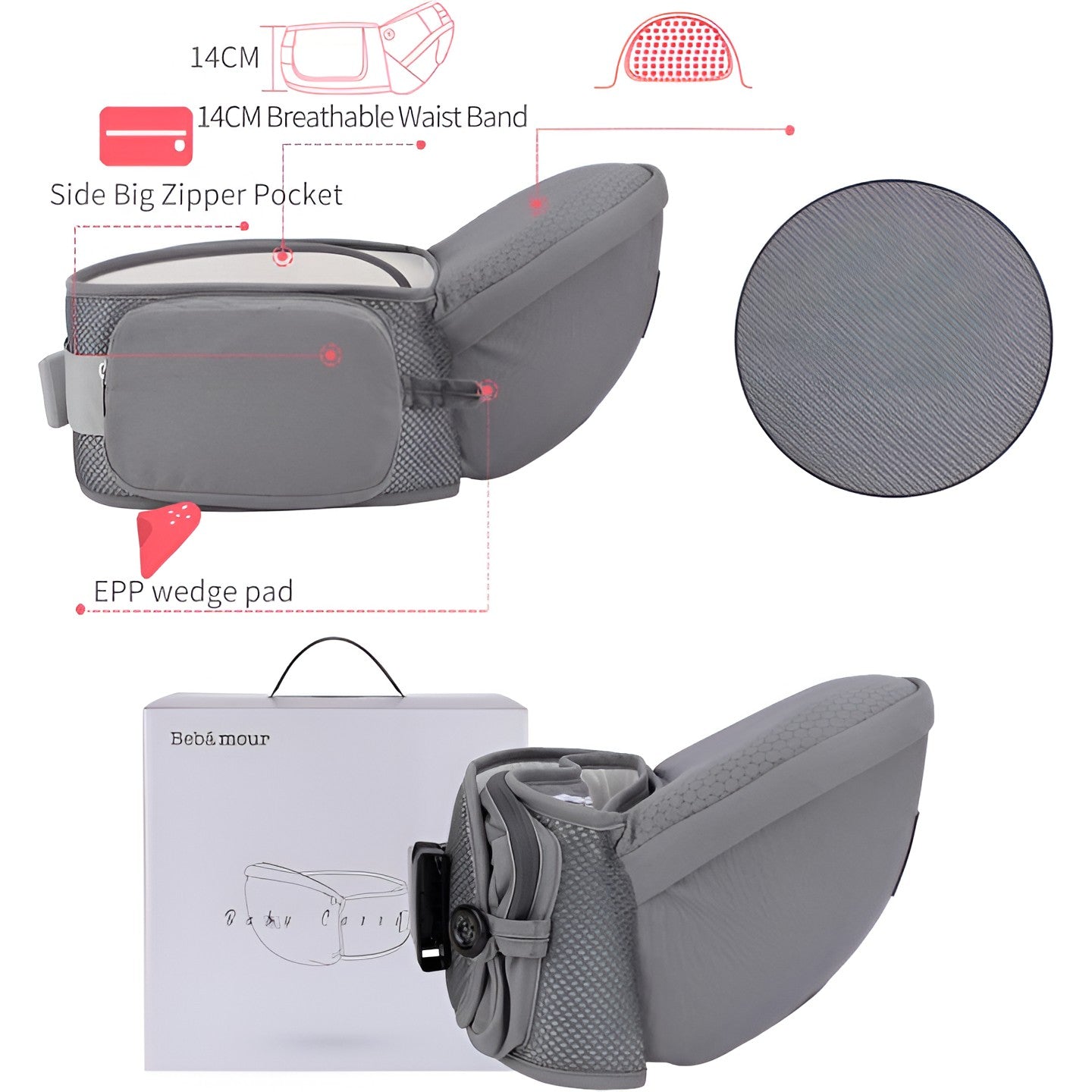 Marsupiu Ergonomic 3in1, Klevo, pentru Bebelusi si Copii, 0-36 Luni, Bretele Reglabile pentru Umar si Sold, Inchidere Catarama, 125x25x14 cm, Gri
