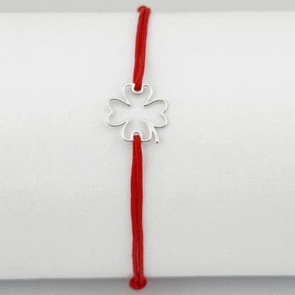Bratara Argint 925 pentru Dama, Jolie, Model Trifoi in Contur, Martisor Bratara de 1 Martie, Pandativ Argintiu cu Snur Rosu