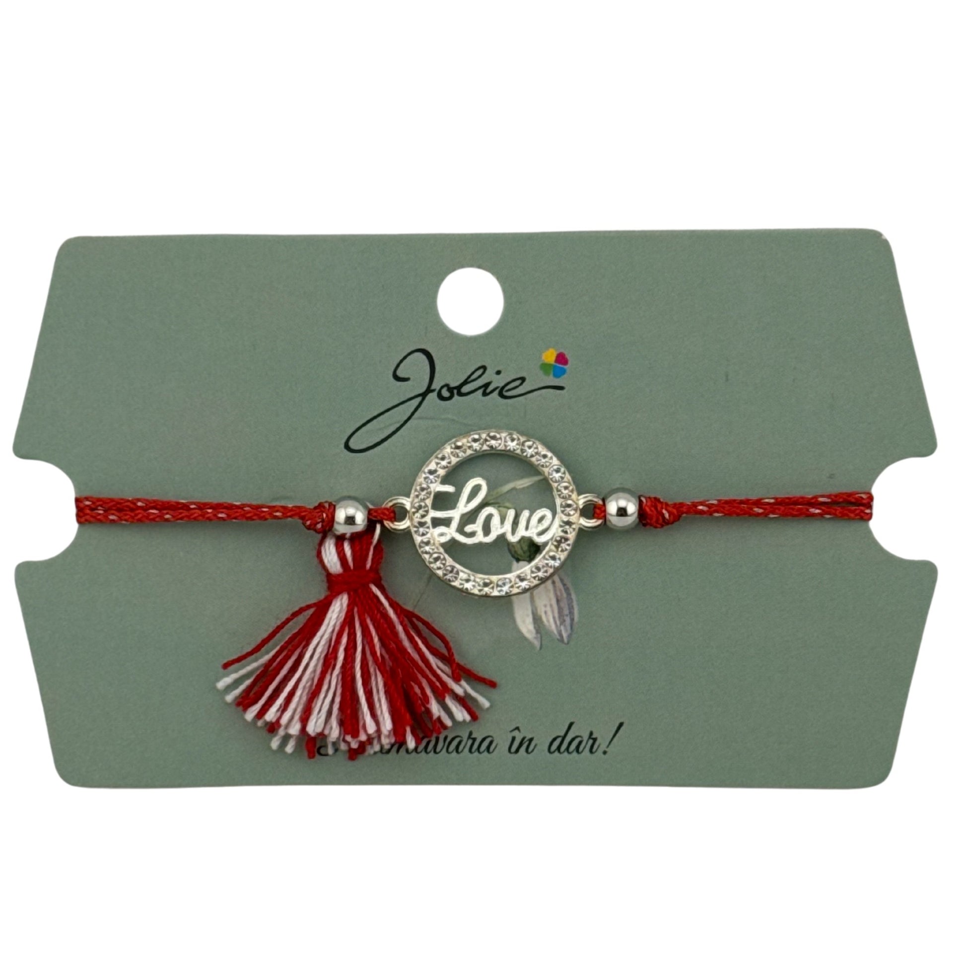 Martisor Bratara Ciucure, Jolie, Snur Rosu Reglabil, cu Pandantiv, Model Cerc Love