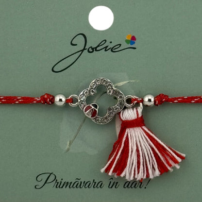 Martisor Bratara Ciucure, Jolie, Snur Rosu Reglabil, cu Pandantiv, Model Floare-Buburuza