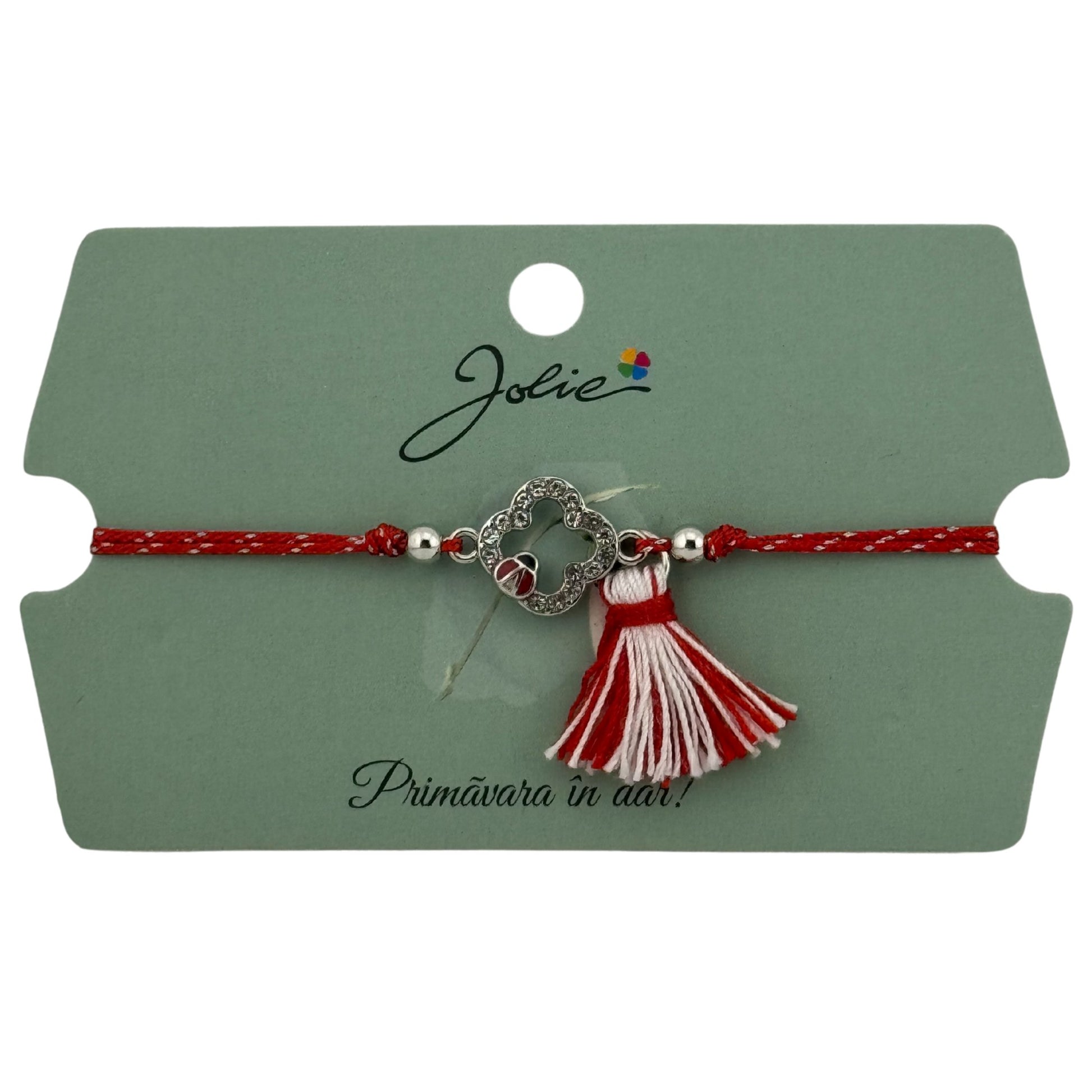 Martisor Bratara Ciucure, Jolie, Snur Rosu Reglabil, cu Pandantiv, Model Floare-Buburuza