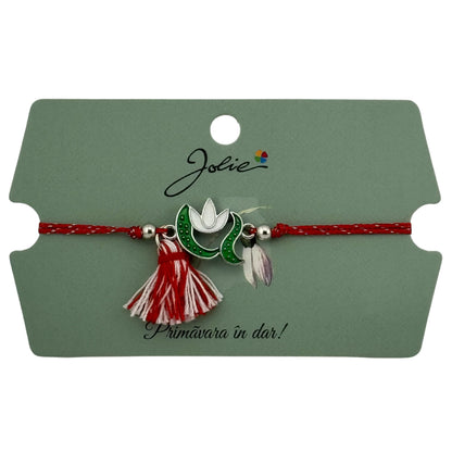 Martisor Bratara Ciucure, Jolie, Snur Rosu Reglabil, cu Pandantiv, Model Ghiocel