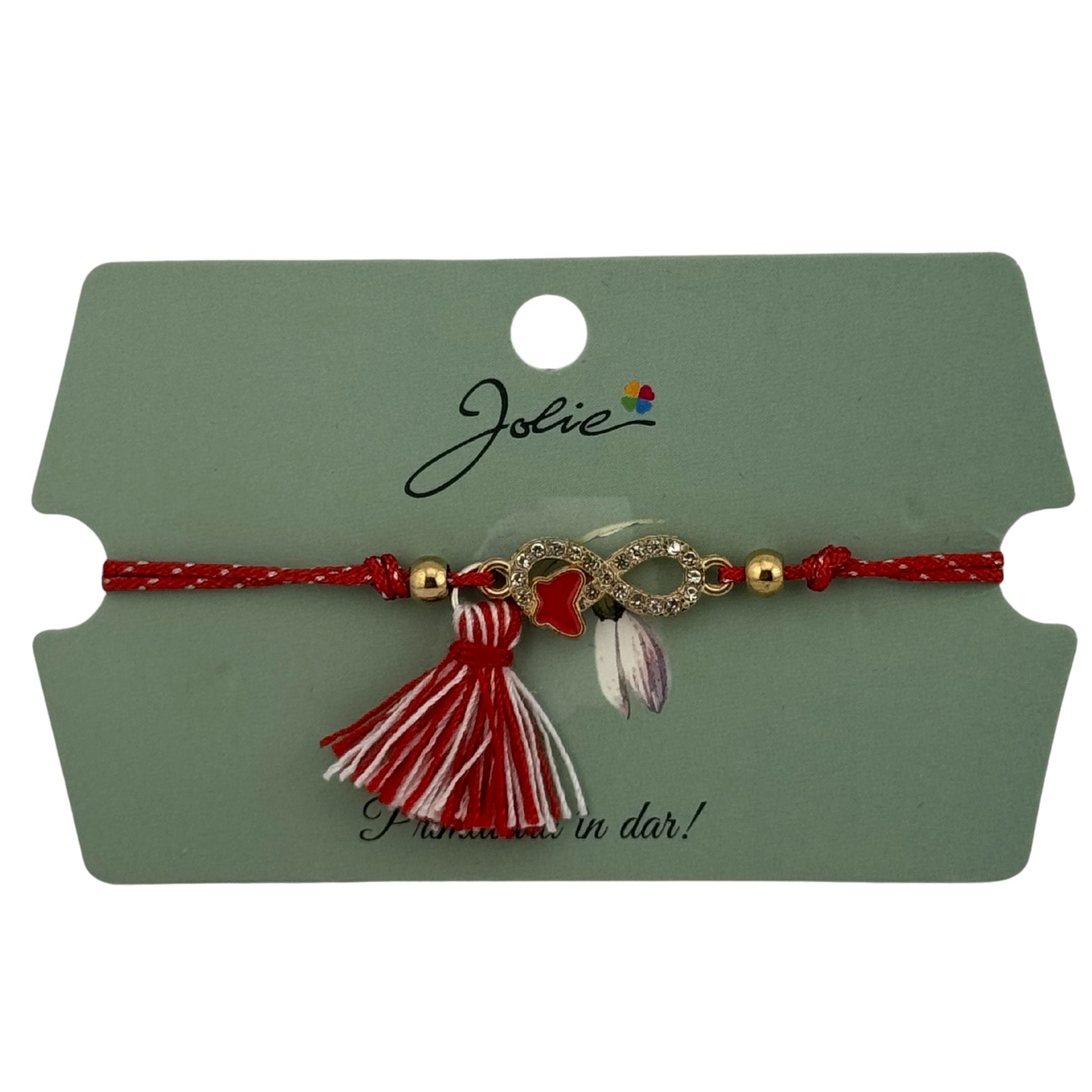 Martisor Bratara Ciucure, Jolie, Snur Rosu Reglabil, cu Pandantiv, Model Infinit Fluturas