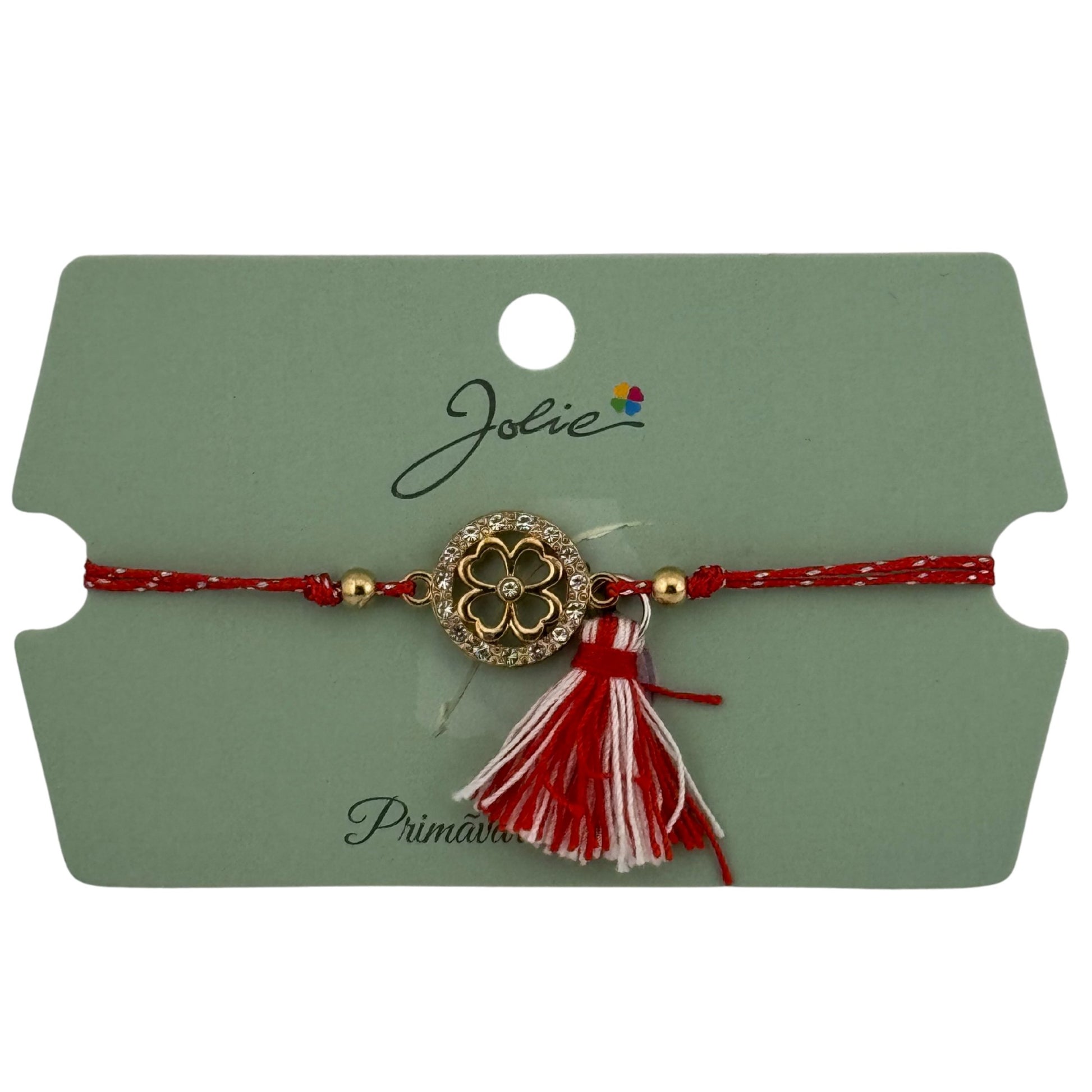 Martisor Bratara Ciucure, Jolie, Snur Rosu Reglabil, cu Pandantiv, Model Trifoi cu Patru Foi