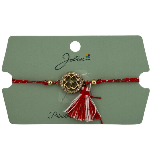 Martisor Bratara Ciucure, Jolie, Snur Rosu Reglabil, cu Pandantiv, Model Trifoi cu Patru Foi