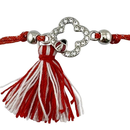 Martisor Bratara cu Ciucure pentru Dama, Jolie, Model Trifoi Contur cu Buburuza, Set 12 bucati, Pandativ din Inox cu Pietre, Snur Reglabil, Rosu/Alb