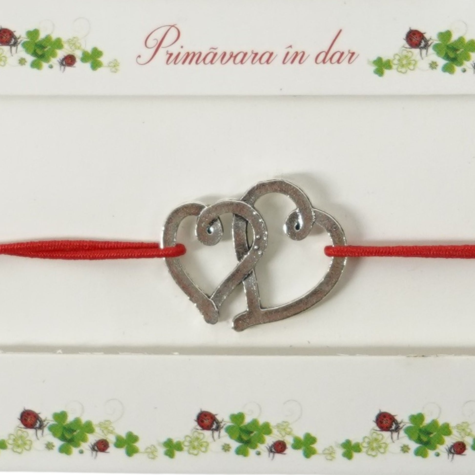 Martisor Bratara cu 2 Noduri Elastica, Jolie, Snur Rosu, Model Doua Inimi