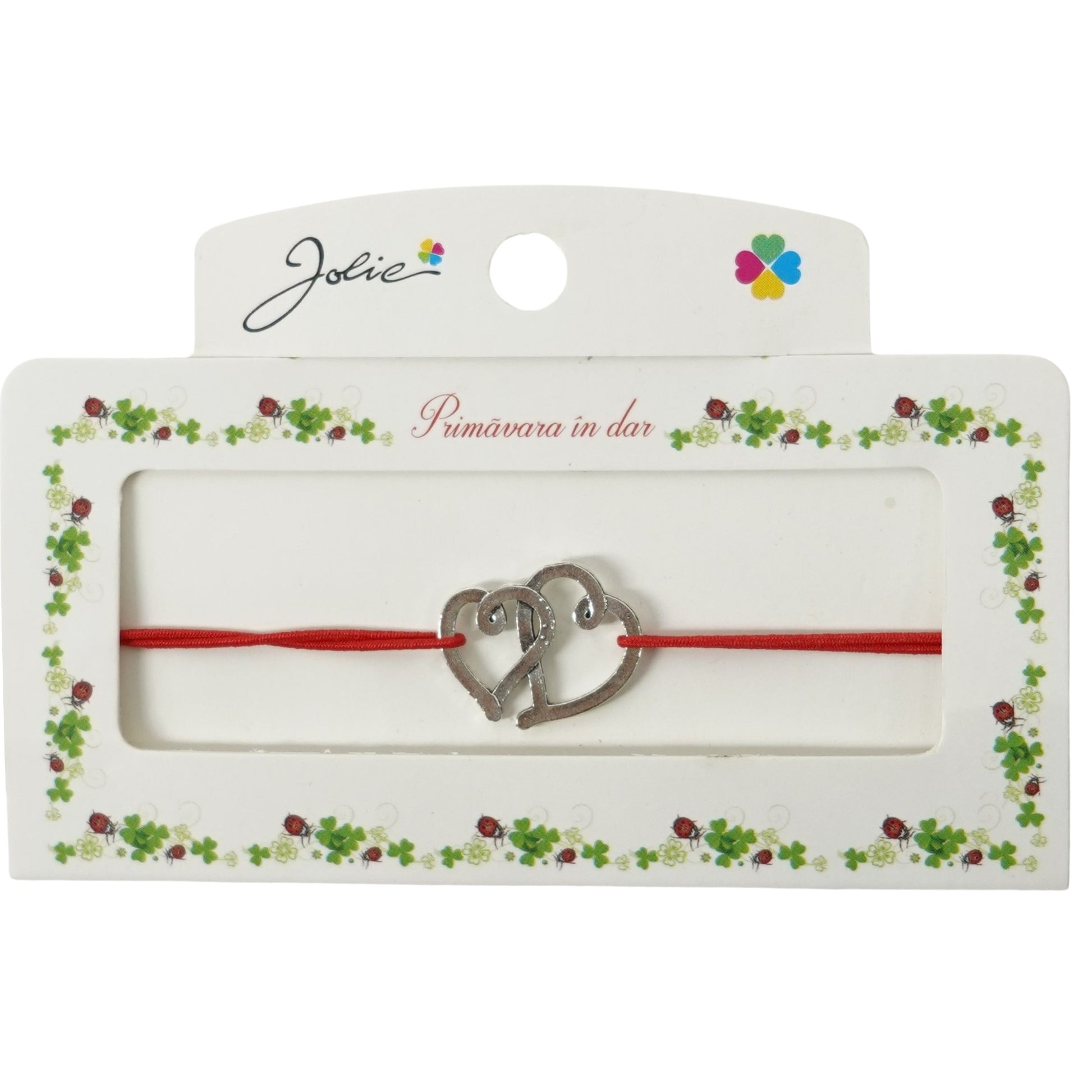Martisor Bratara cu 2 Noduri Elastica, Jolie, Snur Rosu, Model Doua Inimi