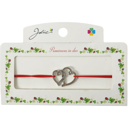 Martisor Bratara cu 2 Noduri Elastica, Jolie, Snur Rosu, Model Doua Inimi
