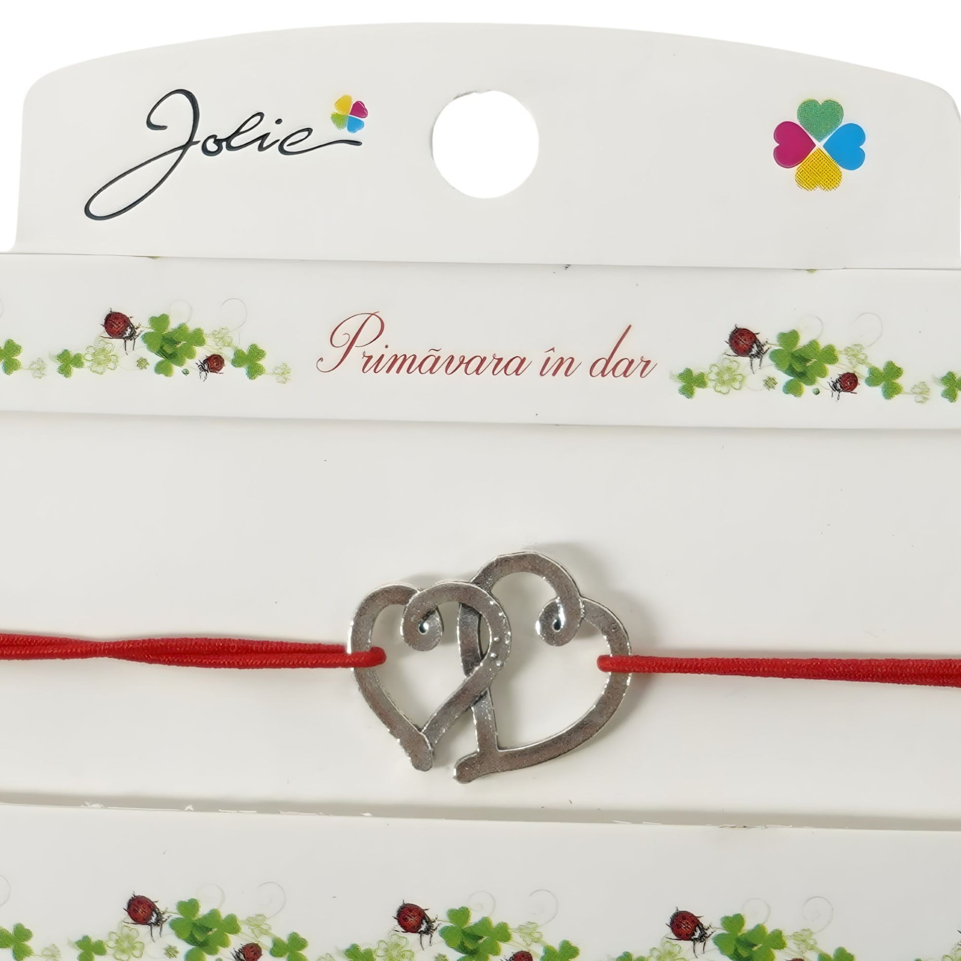Martisor Bratara cu 2 Noduri, Jolie, Snur Rosu, Model Inimioare, Elastica, Dimensiune Reglabila, Ambalata Individual, Rosu/Argintiu