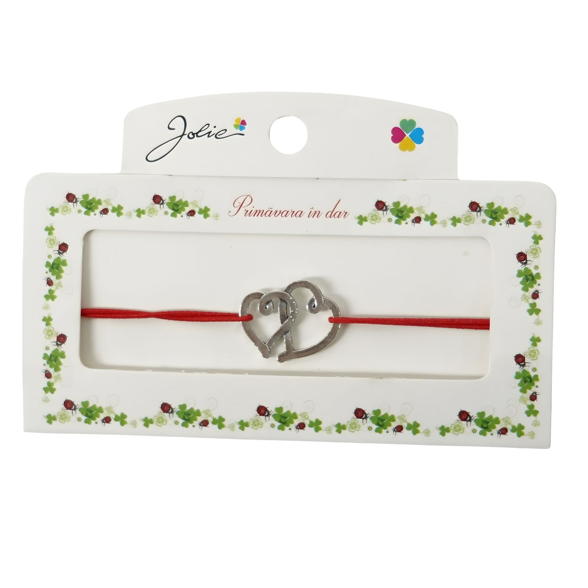 Martisor Bratara cu 2 Noduri, Jolie, Snur Rosu, Model Inimioare, Elastica, Dimensiune Reglabila, Ambalata Individual, Rosu/Argintiu
